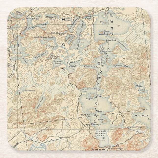 Posavasos Cuadrado De Papel Detalle del lago de Saranac superior del mapa topo (Anverso)