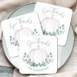 Posavasos Cuadrado De Papel Día de Acción de Gracias de la Calabaza Blanca<br><div class="desc">Estas tardes de Acción de Gracias están decoradas con una calabaza blanca acuarela y eucalipto en tonos verdes suaves. Dicen "Dale gracias" en la tipografía de escritura elegante. Personalizable fácil. Acuarela original © Michele Davies.</div>