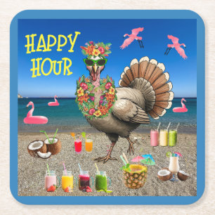 Posavasos Cuadrado De Papel Día de Acción de Gracias Feliz Hora Feliz Pavo Tro