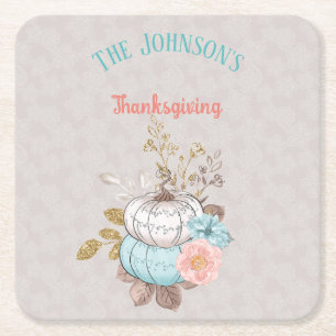 Posavasos Cuadrado De Papel Día de Acción de Gracias Taupe Aqua Coral Pumpkins