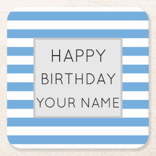 Posavasos Cuadrado De Papel Día De Aniversario Feliz Con Rayas Azules Y Blanca