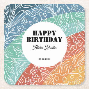 Posavasos Cuadrado De Papel Día de cumpleaños con flores de arcoiris retro Gro