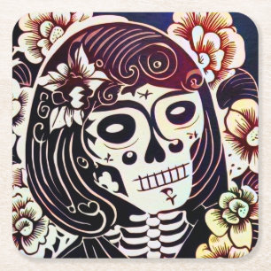 Posavasos Cuadrado De Papel Día de la Calavera del Azúcar Muerto 2