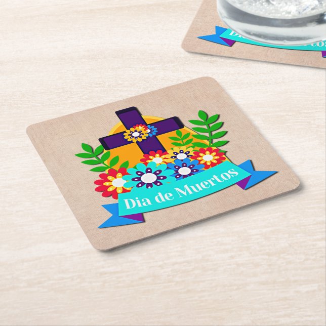 Posavasos Cuadrado De Papel Día de los Muertos Daisy Flower Cross Family Kids (En perspectiva)