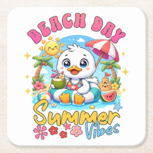 Posavasos Cuadrado De Papel Día de Playa Vibraciones de Verano Pato Lindo Vaca