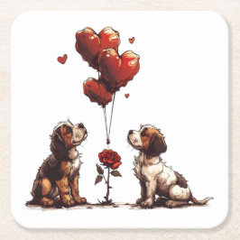 Posavasos Cuadrado De Papel Día de San Valentín Beagle Dogs