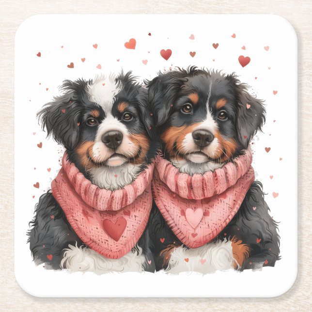 Posavasos Cuadrado De Papel Día de San Valentín Bernese Mountain Dogs (Anverso)