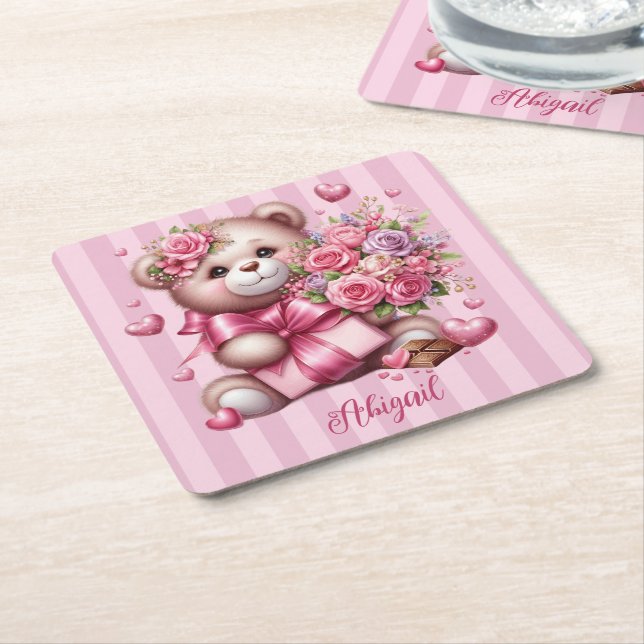 Posavasos Cuadrado De Papel Día de San Valentín Love Rosa Bear (En perspectiva)