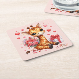 Posavasos Cuadrado De Papel Día de San Valentín Love Rose Bouquet Giraffe