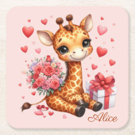 Posavasos Cuadrado De Papel Día de San Valentín Love Rose Bouquet Giraffe