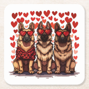 Posavasos Cuadrado De Papel Día de San Valentín Perros Pastor Alemán
