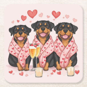 Posavasos Cuadrado De Papel Día de San Valentín Perros Rottweiler