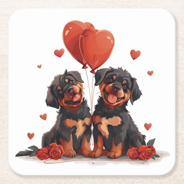 Posavasos Cuadrado De Papel Día de San Valentín Rottweiler Dogs (Anverso)