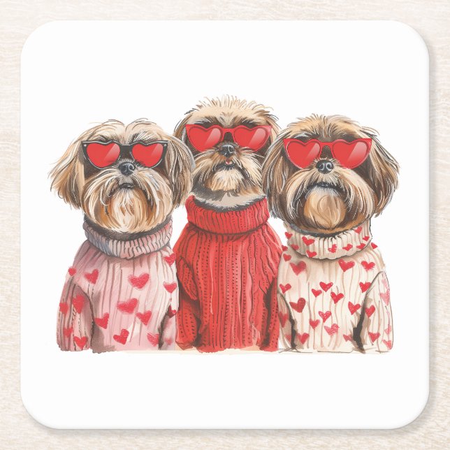 Posavasos Cuadrado De Papel Día de San Valentín Shih Tzu Dogs (Anverso)