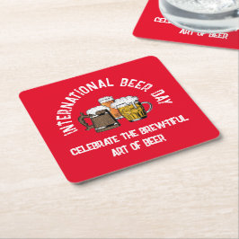 Posavasos Cuadrado De Papel Día Internacional de la Cerveza Rojo Personalizabl