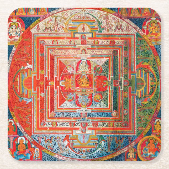 Posavasos Cuadrado De Papel Diagrama cósmico de Mandala para meditación (Anverso)