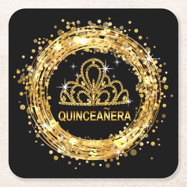 Posavasos Cuadrado De Papel Diamond Tiara Sweet 16 Purpurina Confetti | oro, d (Anverso)