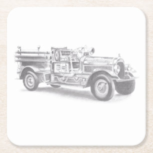 Posavasos Cuadrado De Papel dibujo a lápiz de camión de bomberos vintage