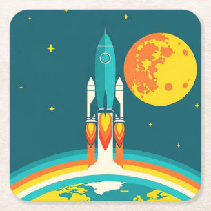 Posavasos Cuadrado De Papel Dibujo animado de cohete espacial lindo