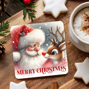 Posavasos Cuadrado De Papel Dibujo Animado Divertido Santa Rudolph Bebida Navi