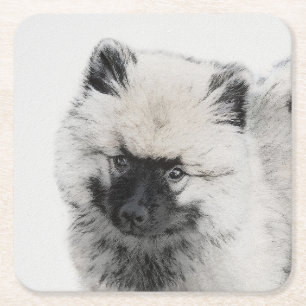 Posavasos Cuadrado De Papel Dibujo de cachorros de Keeshond - Arte de perros o
