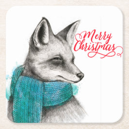 Posavasos Cuadrado De Papel Dibujo de Feliz Navidad Fox