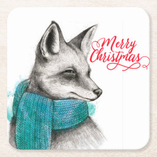 Posavasos Cuadrado De Papel Dibujo de Feliz Navidad Fox