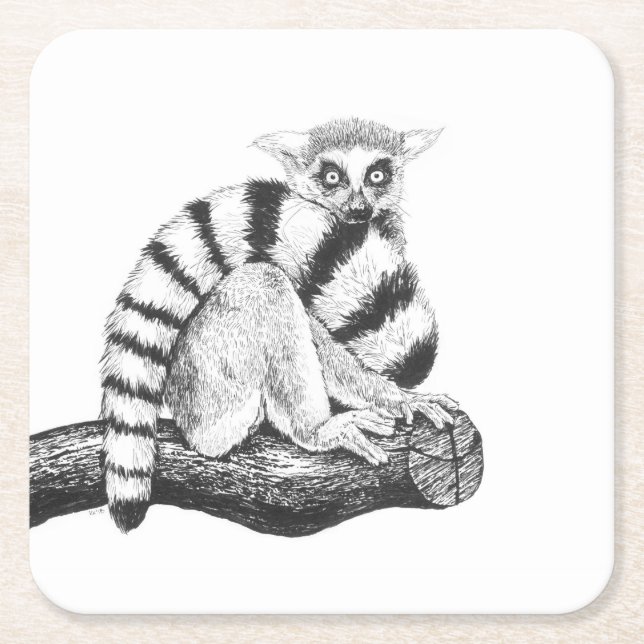 Posavasos Cuadrado De Papel Dibujo de Lemur (Anverso)