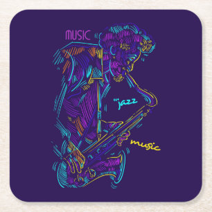 Posavasos Cuadrado De Papel Dibujo de Neon con resumen de música de jazz