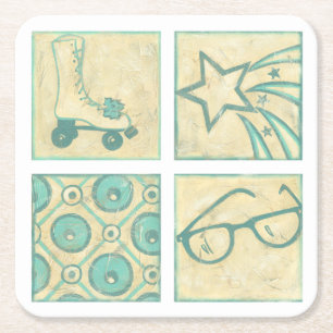 Posavasos Cuadrado De Papel Dibujo de Woodblock de la pista del rodillo de