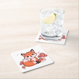 Posavasos Cuadrado De Papel Dibujo de zorro Kawaii lindo con hongos