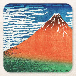 Posavasos Cuadrado De Papel Dibujo del Fuji rojo Kanagawa Hokusai