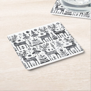 Posavasos Cuadrado De Papel Dibujo Divertido de Reno en Blanco y Negro