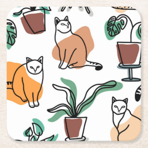 Posavasos Cuadrado De Papel Dibujo en línea de gatos y flores