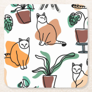 Posavasos Cuadrado De Papel Dibujo en línea de gatos y flores
