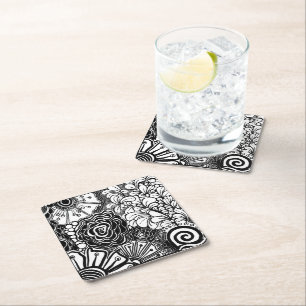 Posavasos Cuadrado De Papel Dibujo Floral Zen blanco y negro con estampado