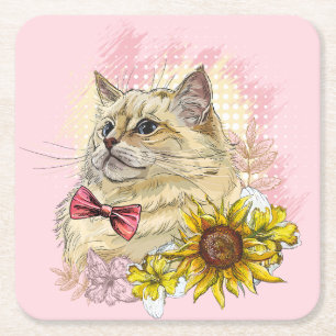 Posavasos Cuadrado De Papel Dibujo manual divertido gato Red Ragdoll con flore