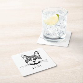 Posavasos Cuadrado De Papel Dibujo personalizado de mano para gato de Tuxedo