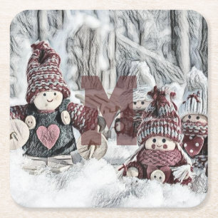 Posavasos Cuadrado De Papel Dibujo vintage de gnomos en la nieve