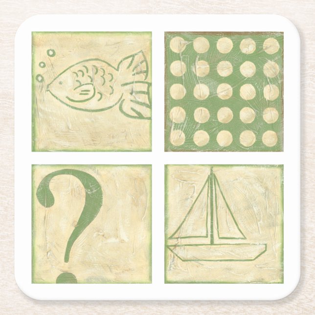 Posavasos Cuadrado De Papel Dibujos de bloques de madera de baldosas de pescad (Anverso)