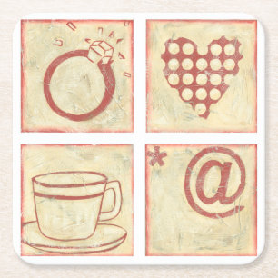 Posavasos Cuadrado De Papel Dibujos de bloques de madera de corazón y anillo