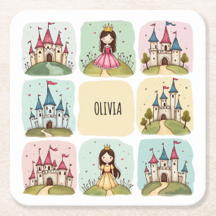 Posavasos Cuadrado De Papel Dibujos de Castillo de Cuentos de Hadas y Princesa