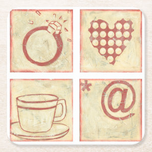 Posavasos Cuadrado De Papel Dibujos de Woodblock del corazón y del anillo