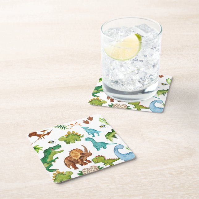 Posavasos Cuadrado De Papel Dino Two rex 2nd boy Dinosaur birthday party (In situ)