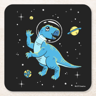 Posavasos Cuadrado De Papel Dinos Rhabdodon Azules En El Espacio
