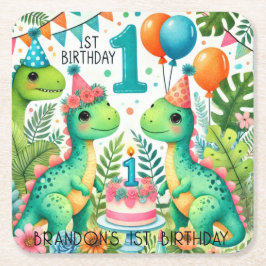 Posavasos Cuadrado De Papel Dinosaur Dino Fiesta de cumpleaños 1
