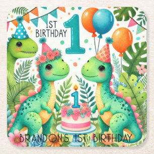 Posavasos Cuadrado De Papel Dinosaur Dino Fiesta de cumpleaños 1