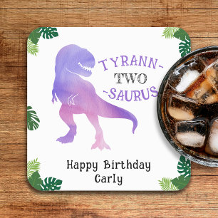 Posavasos Cuadrado De Papel Dinosaurio 2 cumpleaños Tirano Púrpura Rex