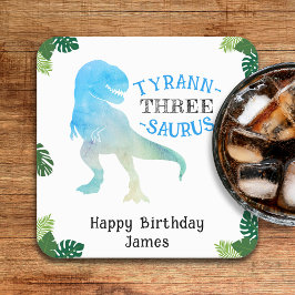 Posavasos Cuadrado De Papel Dinosaurio 3 Fiesta de cumpleaños Blue Tyrannosaur