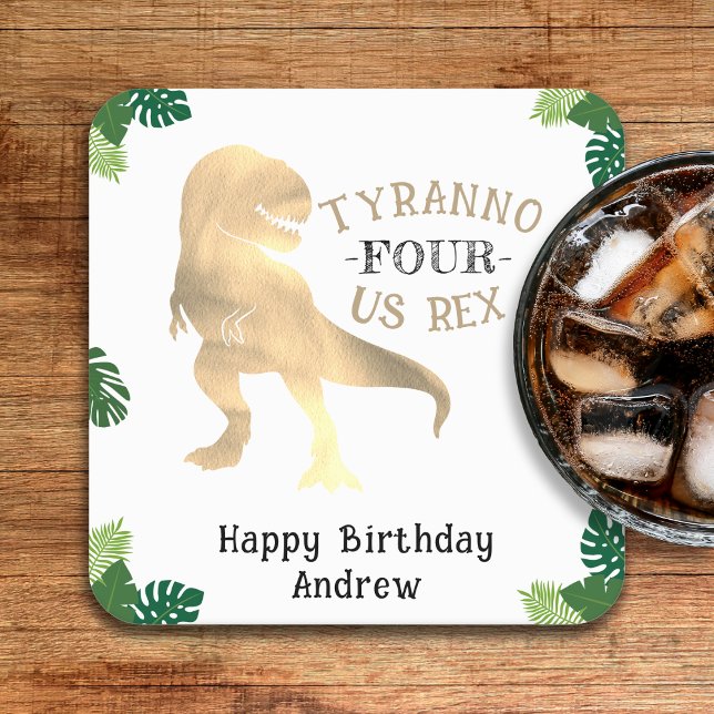 Posavasos Cuadrado De Papel Dinosaurio 4.º Fiesta de cumpleaños Tirano de Oro  (Dinosaur 4th Birthday Party Gold Tyrannosaurus Rex Square Paper Coaster
)